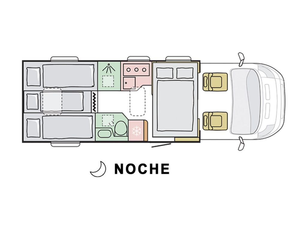 Plano de Camper Adria Matrix modo noche alquiler Autocaravanas y campers