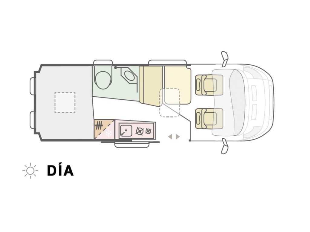 Plano de Camper Adria Twin modo día alquiler Autocaravanas y campers Autocaravaning Barcelona