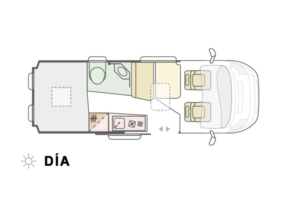 Plano de Camper Adria Twin modo día alquiler Autocaravanas y campers Autocaravaning Barcelona